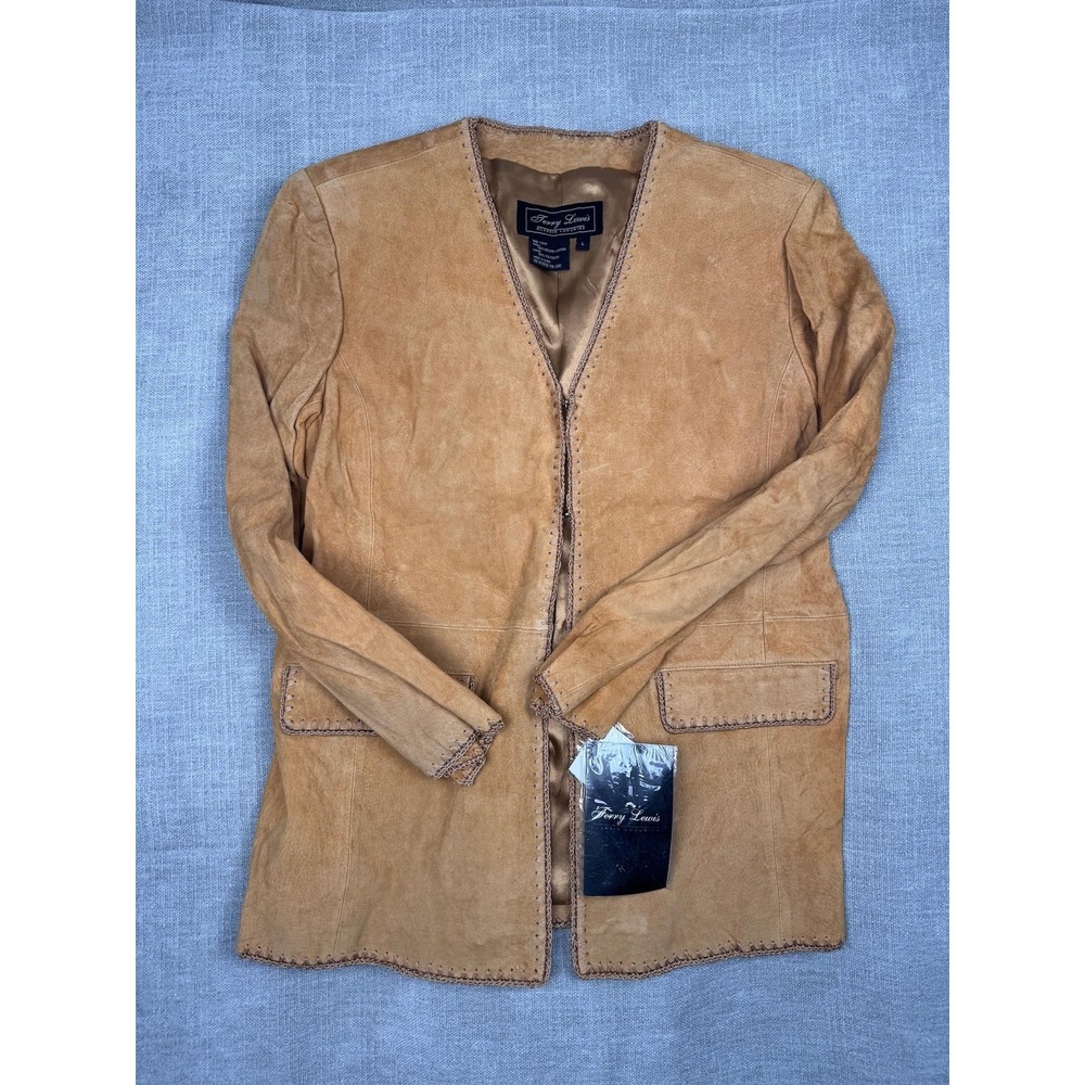 Terry Lewis Leather Jacket Womens L Brown Suede Hook Eye Trim Lined Pockets